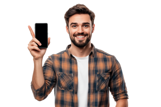 Portrait of a smiling bearded man with short dark hair, wearing a plaid flannel shirt, holding a smartphone, looking at the camera in a casual indoor setting - Powered by Adobe