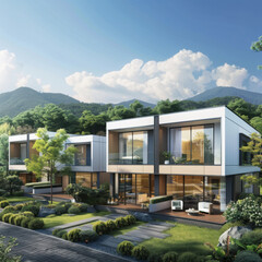 Fototapeta premium The buildings feature sleek white steel frame structures with modern, high-end design elements, inspired by the provided reference images. The exterior is finished in white, with large windows.