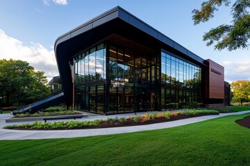 Fototapeta premium New building, sustainable design, LEED certification meets rigorous environmental standards for energy efficiency and sustainability