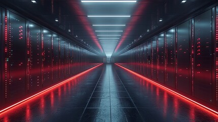 Server room data center. Backup, mining, hosting, mainframe, farm and computer rack with storage information. 3d render