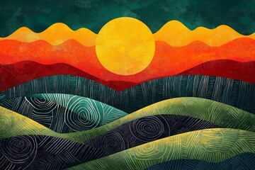 Bright Illustration of the rising sun over green hills, decorated with traditional Ethiopian patterns. Concept Ethiopian New Year