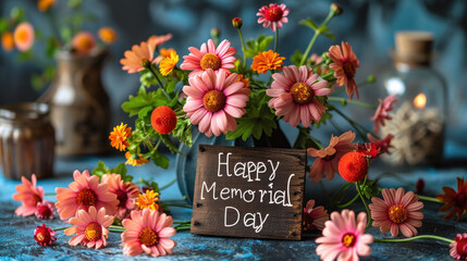 Vibrant floral arrangement celebrating Memorial Day with bright blooms, rustic decor, and heartfelt greetings in a cozy setting. Generative AI