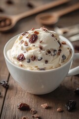 Ice cream decorated with raisin grains