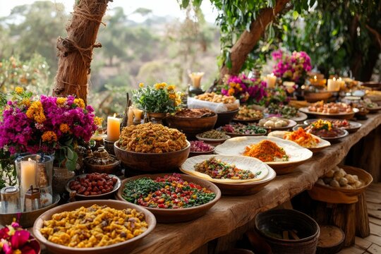 Table in nature with traditional Ethiopian dishes such as injera, doro wot, mesir wot, decorated with flowers. Concept Ethiopian New Year