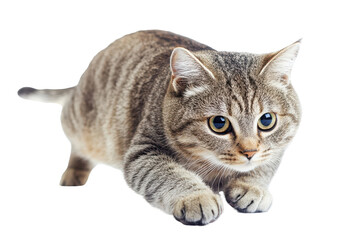 curious cat crouching in playful position isolated png transparent background