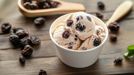 Ice cream decorated with raisin grains