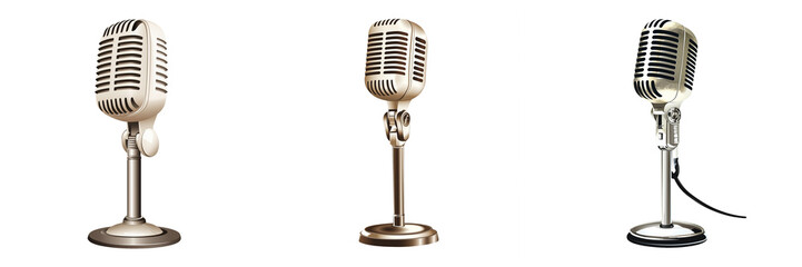 Vintage microphones with a classic design and metallic finish, featuring high detail in a studio setting with a minimalist background. 1950s style, chrome and silver colors, PNG format