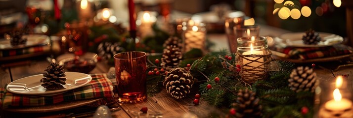 The Christmas dinner table, with its rustic wooden tabletop, plaid napkins, and soft candlelight, is beautifully decorated with pine cones and holly for a warm, classic holiday feel