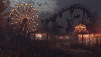 Abandoned Amusement Park at Night with Illuminated Ferris Wheel