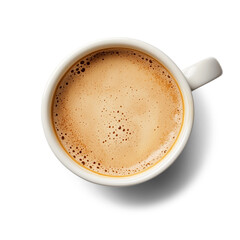 Realistic top view of a white ceramic cup of coffee with creamy froth, minimalistic design, isolated on a transparent background with soft shadows and high detail