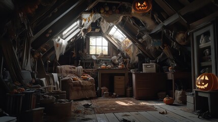 Fototapeta premium Spooky Attic Filled with Halloween Decorations and Pumpkins