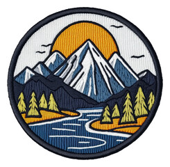 Obraz premium Mountain scene with river and sun emblem, cut out - stock png.