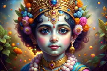 Digital painting of lord krishna depicted with divine grace