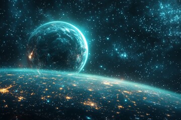 Obraz premium Abstract tech background with glitter and bokeh effect. Illustration banner with light, glow, shine, shiny, energy, effect.