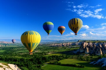 Obraz premium Panoramic photo, hot air balloons, floating above a vast landscape, offering a unique and colorful perspective