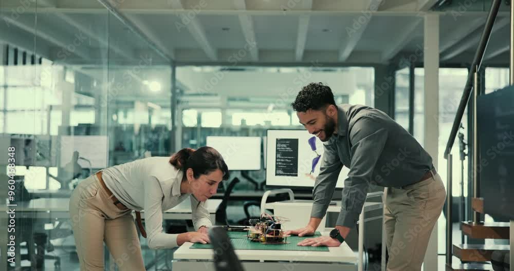 Poster woman, man and high five in office for science at lab with prosthetic design, goals and mobility aid