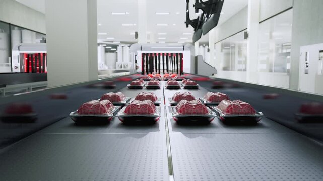 Packaged Raw Meat Trays On A Conveyor Belt In A Factory