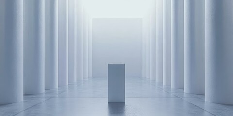 White columns and a platform in a minimalist space.