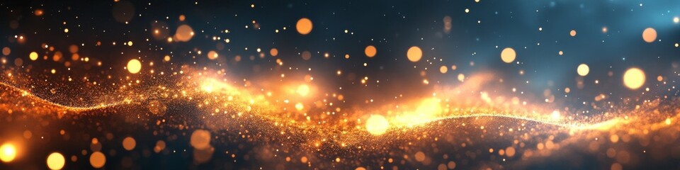 Abstract tech background with glitter and bokeh effect. Illustration banner with light, glow, shine, shiny, energy, effect.