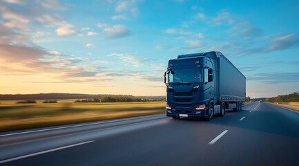 truck with white trailer driving on freeway against a clear blue sky with clouds in the background.