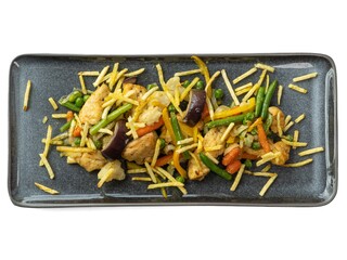 Vibrant Stir-Fried Chicken and Vegetables with Crispy Straws on Elegant Plate