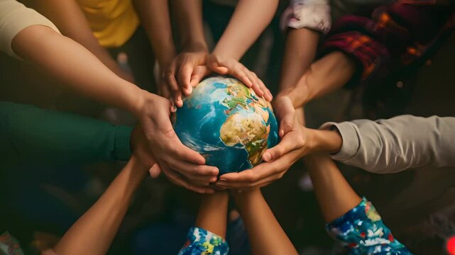 Hands of diverse racial and ethnic origins holding a globe, symbolizing inclusion, equality, and teamwork