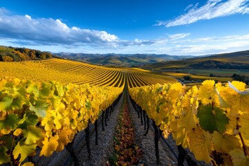 Panoramic photo, vineyard in autumn, golden leaves stretch across rolling hills, highlighting the beauty of harvest time