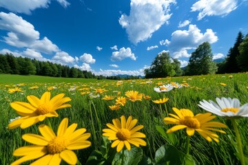Obraz premium Panoramic photo, wildflower meadow, colorful blooms spread across the landscape, creating a vivid, natural tapestry