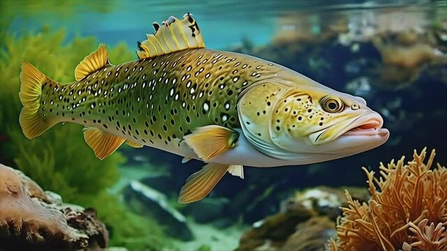 Atlantic cod makes smooth movements in the depths of the transparent, clean sea