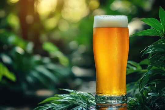 refreshing lager beer glass lush jungle backdrop golden brew tropical ambiance enticing beverage photography