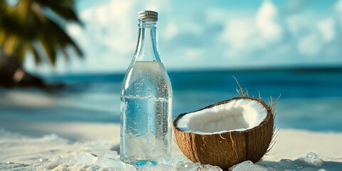 Obraz premium Water bottle, coconut, ice on beach.