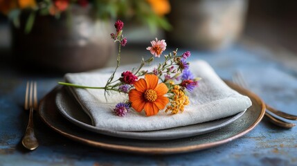 Vibrant Floral Arrangement on Rustic Tableware