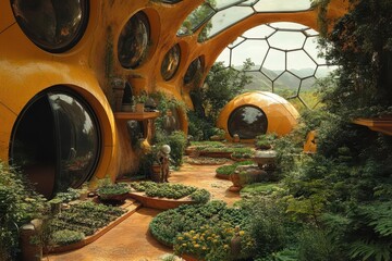 retrofuturistic space colony on mars geodesic domes housing lush gardens astronauts tending to hydroponic crops red planet landscape beyond