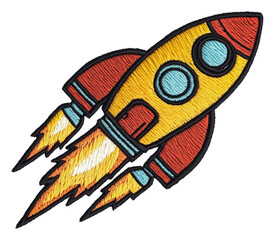 Colorful embroidered rocket design with flames, cut out - stock png.