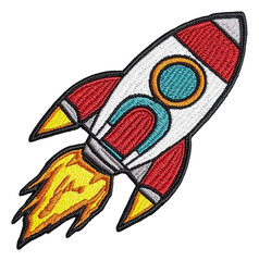 Colorful rocket embroidery with flames, cut out - stock png.