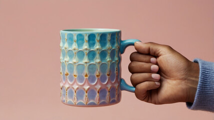 Close-up of a hand holding a ceramic mug against a gradient background transitioning from pink to blue. The hand has a light skin tone and is wearing a simple brown bracelet on the wrist. The mug has 
