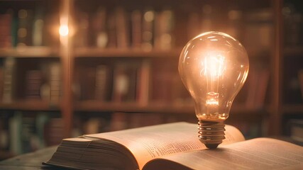 Illuminated light bulb with brain and book symbolizing knowledge, creativity, originality, and intelligence