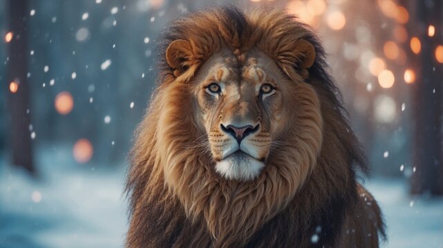 Whimsical Lion Character in Festive Winter Wonderland.