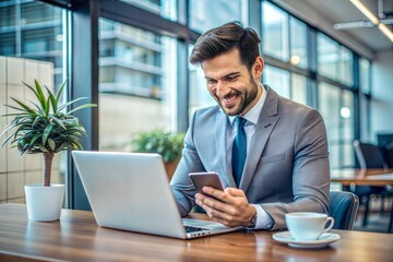 Fototapeta premium Smiling businessman working at desk with laptop and phone