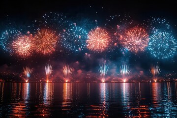 spectacular fireworks display illuminating night sky bursts of red white and blue creating patriotic tableau reflections shimmering on water below