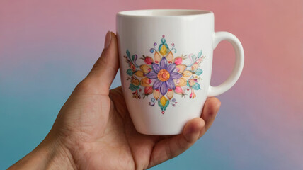 Close-up of a hand holding a ceramic mug against a gradient background transitioning from pink to blue. The hand has a light skin tone and is wearing a simple brown bracelet on the wrist. The mug has 
