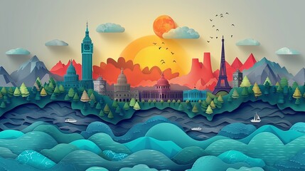vector, illustration, Travel the world monument concept