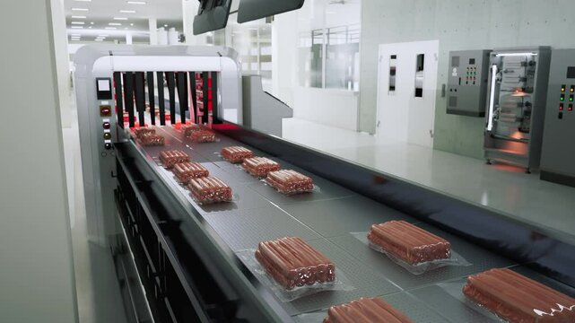 Sausage Production, Packaged Sausage Trays On A Conveyor Belt In A Factory