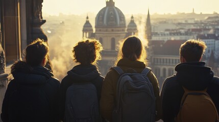 Obraz premium Silhouetted Figures Admiring the Majestic Cityscapes of Vienna
