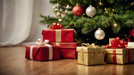 Presents under Christmas tree, decorated gift boxes photo, winter holiday celebration - Powered by Adobe