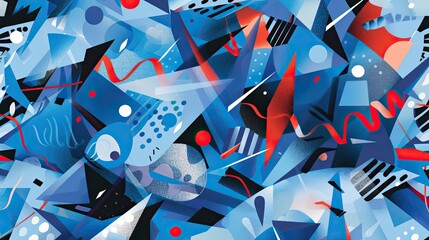 Blue wallpaper with exaggerated comic shapes motion lines and halftone dots