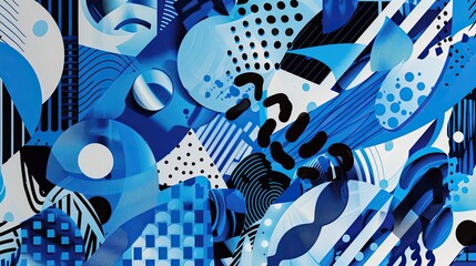 Naklejka premium Wallpaper with blue shades geometric shapes comic motifs and halftone textures