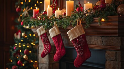 Mantelpiece decorated with garlands, stockings, and glowing candles for Christmas