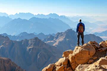 Fototapeta premium Back view of lonely hiker with backpack stands on rocky mountain summit