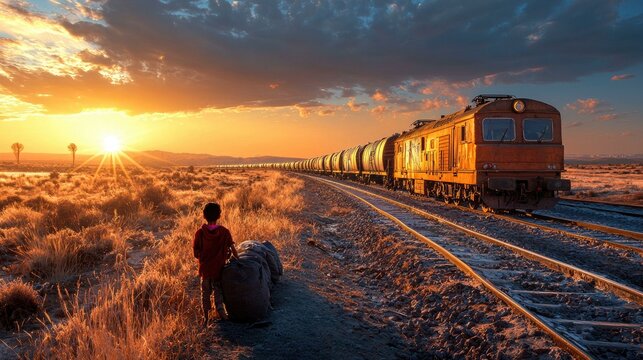 A train carrying refugees journeys through war-torn landscapes, symbolizing resilience and hope amid adversity in a world fraught with conflict and hardship.
